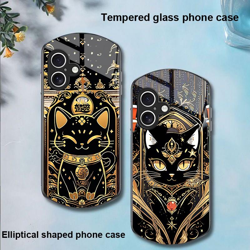Black Gold Cat For Apple IPhone 16 11 13 15 14 Pro Max 12 Mini 7 8 Plus XR X XS Elliptical Shaped Tempered Glass Phone Case