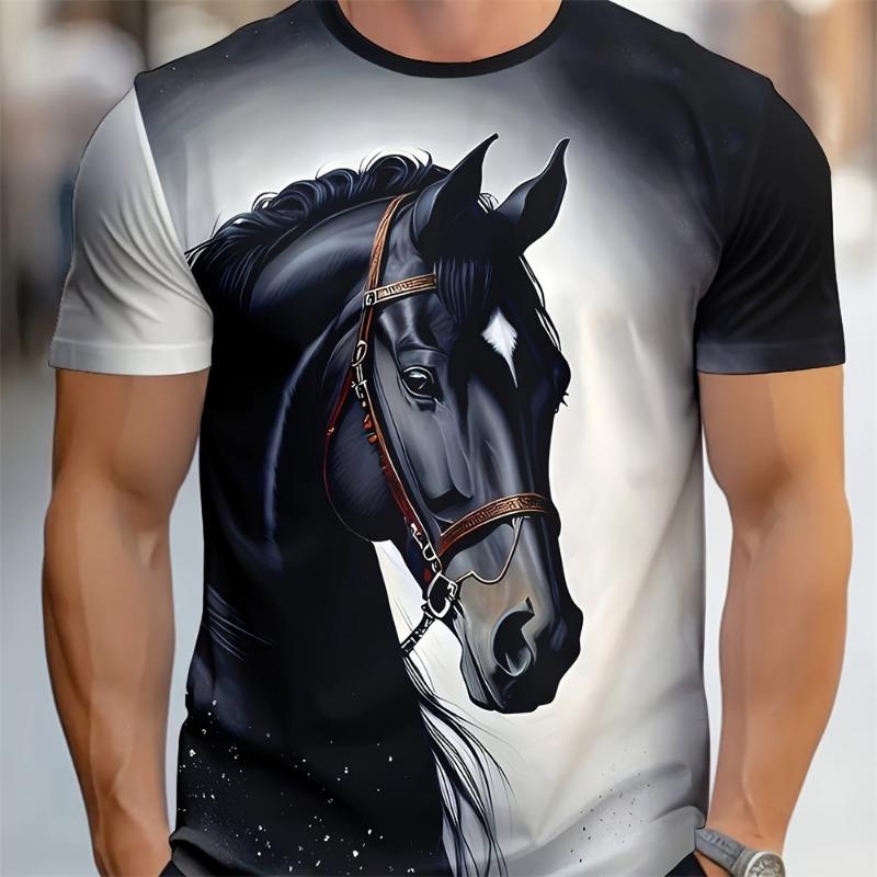 3D Majestic Horse Printing Round Neck Street Fashion T-Shirt Three-Dimensional Printing Horse Men's Creative Short-Sleeved Round