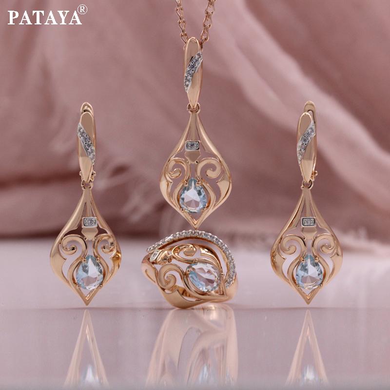 

PATAYA Classical Rose Gold Color Green Light Blue Artificial Zircon Earring Ring Pendant Necklace Combination Set 9