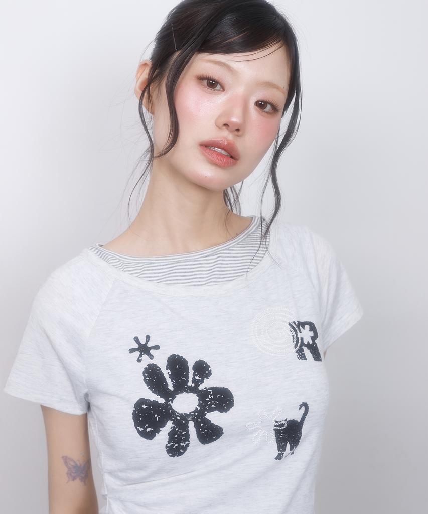 LMR Motif Embroidered Striped Layered T-Shirt (Short Sleeve/Long Sleeve) Light Grey