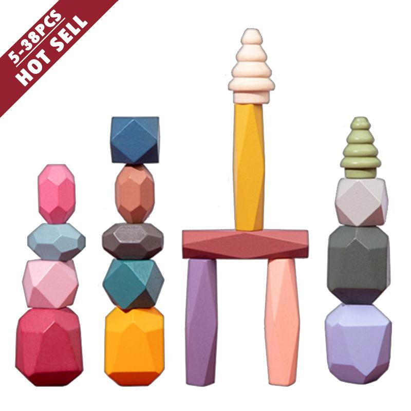 Rainbow Balancing Stone Blocks Wooden Toys Montessori Colorful Building Blocks Rainbow Stacker Game Educational Toy For Children