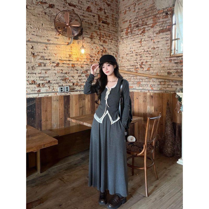 Korean-Style Faux Two-Piece Lace Patchwork Set for Women, Spring and Autumn, Plus-Size, Petite, Three-Piece Outfit with Skirt