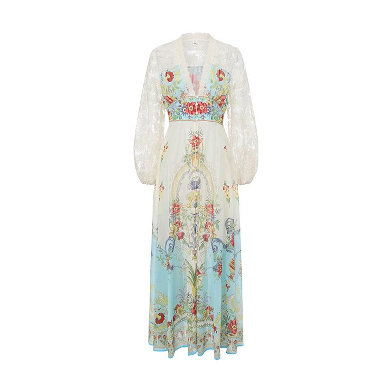 

2026 Spring/Summer Resort-Style V-Neck Puff Sleeve Lace-Panel Printed Long Maxi Dress 2XL синій