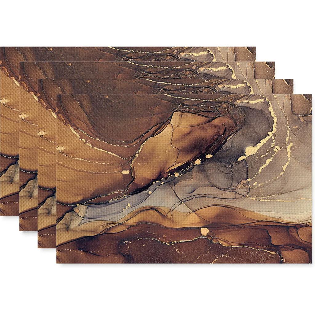 Anti Fouling and Heat-insulating Table Mat 4PC Placemat Watercolor Marble Printed Fabric Linen Placemat  Western Style Placemat