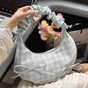 Korean version bow pleated hand bag new shoulder bag foreign style plaid commuter messenger bag casual crescent bag tide
