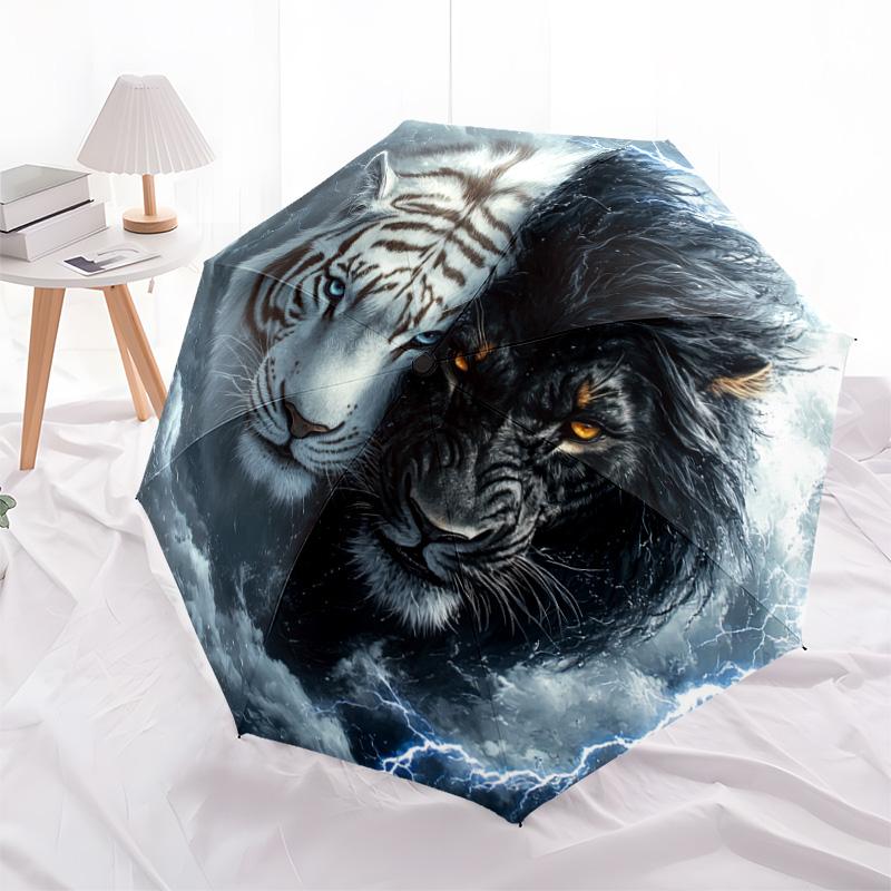 1 PC Automatic Folding Umbrella - Yin Yang Tiger Lion Pattern, Portable & Foldable Design with 8 Ribs, Christmas Birthday Gifts