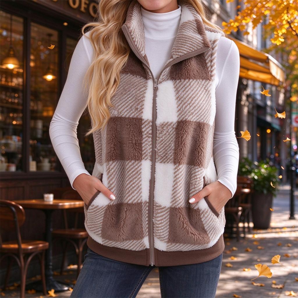 Women's Sleeveless Vest Plaid Zip Up Stand Collar Fuzzy Outerwear for Fall and Winter