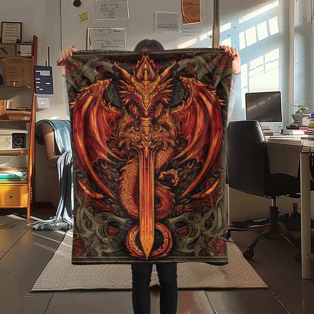 Sword and Dragon Print Flannel Blanket,High quality Comfortable for All Seasons,Home Decor,Warmth and Comfort,Perfect for Christmas Gifts