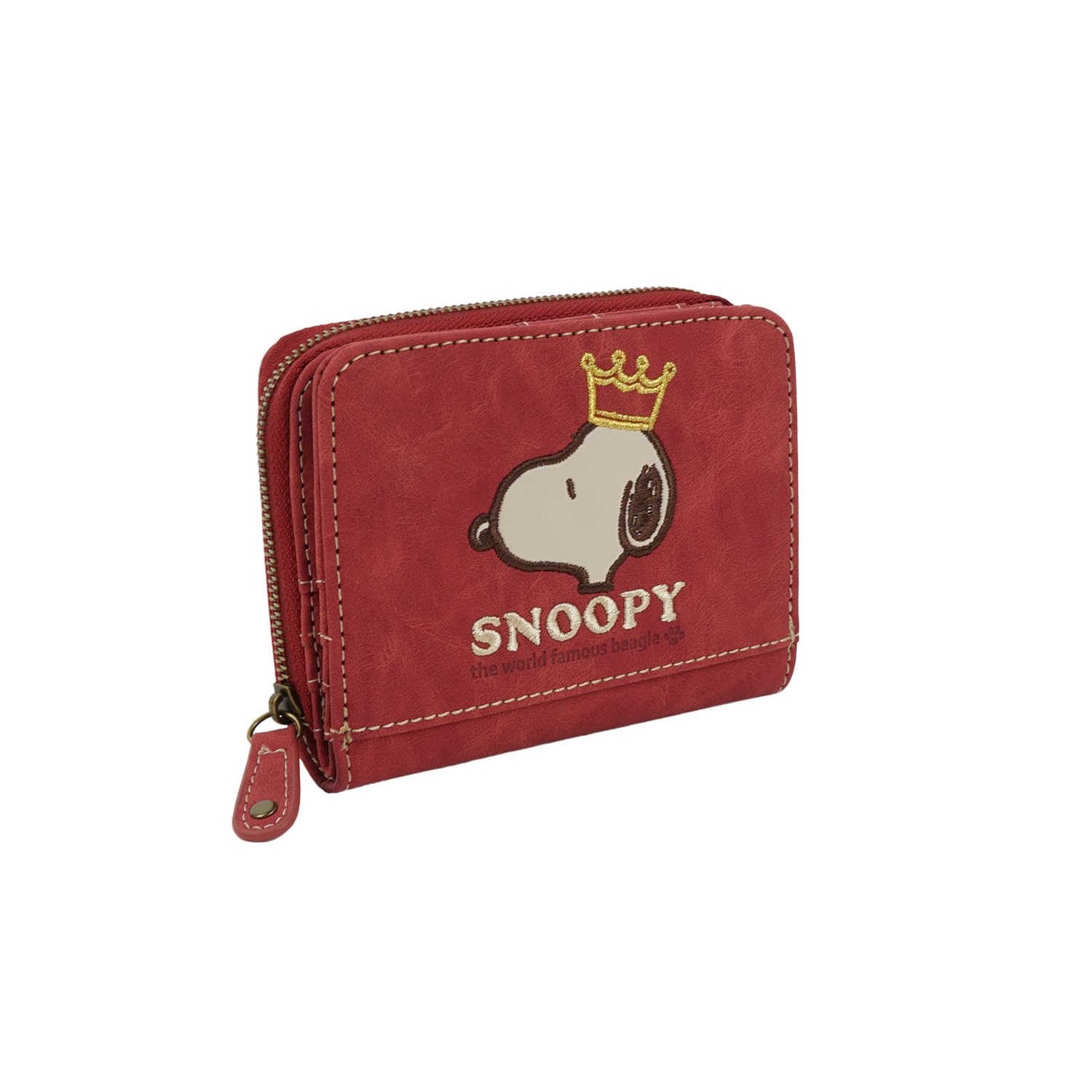 

Складна гаманець Snoopy з популярним персонажем Snoopy та вишитою короною, дизайн на блискавці для жінок, (Червоний)