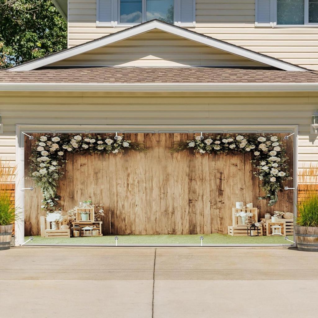 CSFOTO 7x16ft Floral Wood Wall Garage Door Decoration Banner Vintage Brown Country Theme Garage Decoration Mural Outdoor Indoor Bridal Shower