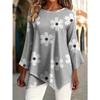 Women's fashionable printed round-neck T-shirt, with asymmetrical cross-over hem design, machine washable