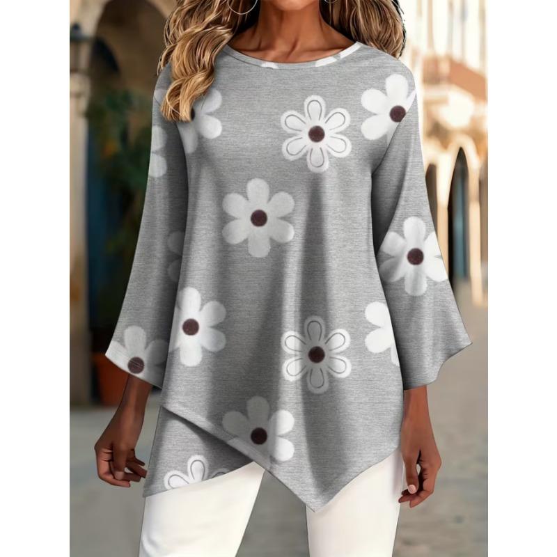 Women's fashionable printed round-neck T-shirt, with asymmetrical cross-over hem design, machine washable