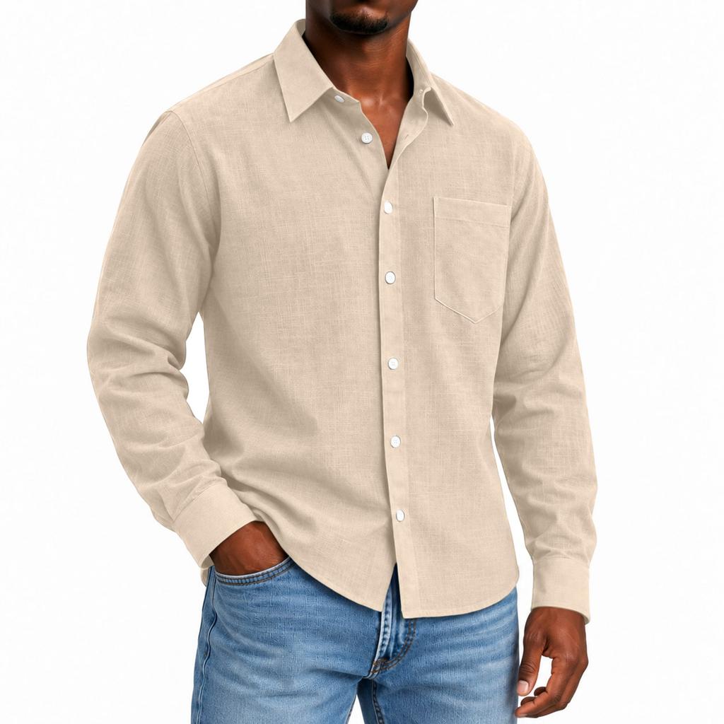 Men's Linen Collared Long Sleeve Shirt for Spring and Fall Casual Daily Wear