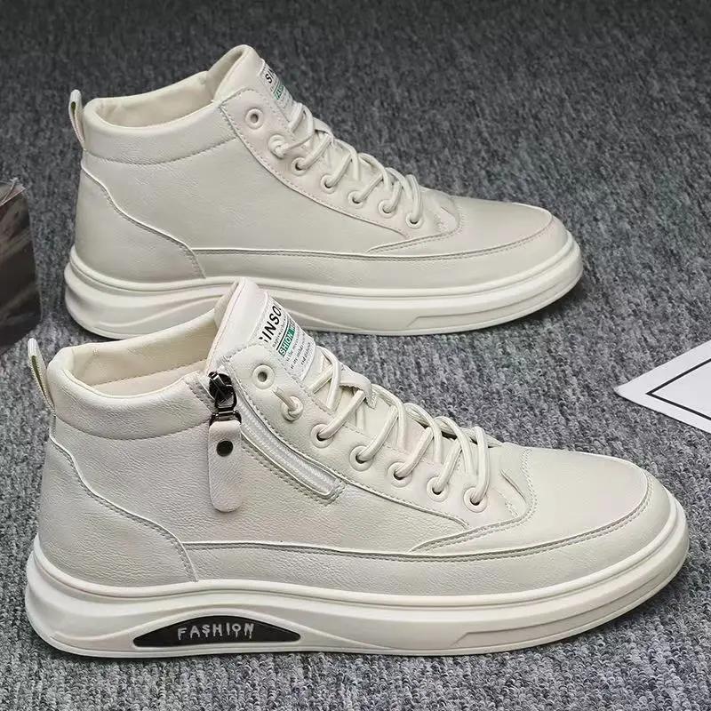 Fashion Men White Sneakers Shoes Comfortable Soft Leather Mid-top Sneakers British Casual Men Shoes Luxury Boots Tenis Masculino