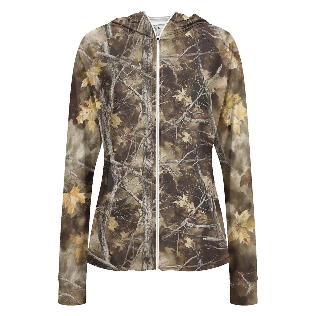Women's Lightweight Zip-Up Hooded Jacket with Long Sleeves Pockets and Camouflage Print Sun Protection Outerwear