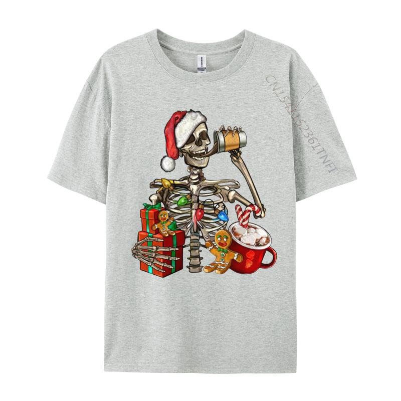Christmas Skeleton With Smiling Skull Drinking Coffee Latte T Shirts Graphic Tshirt Hip Hop T Shirt Homme Cotton Oversized