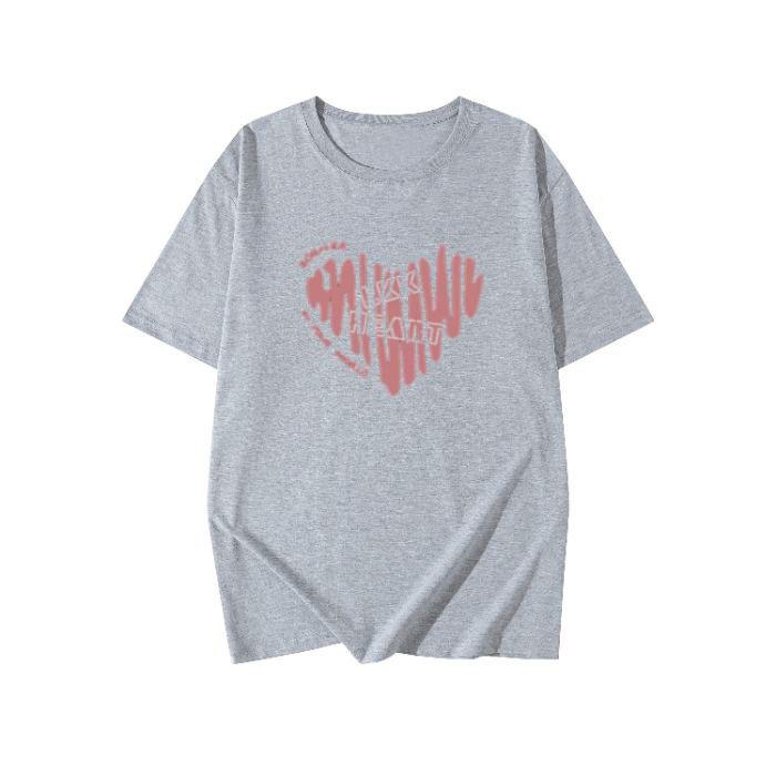 Women Plus Size Cotton T-Shirt Summer Short Sleeve Heart Print Mid-Long Loose Casual Pullover Top For 200lbs