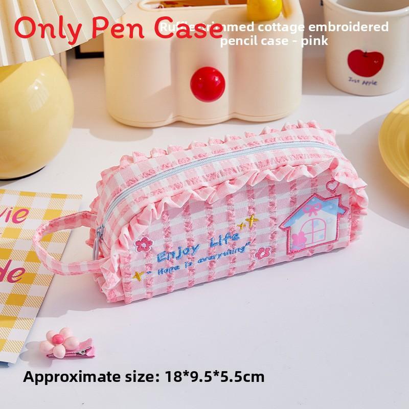 Girls Heart Canvas Pencil Case With Large Capacity And Lace Embroidery For School Supplies