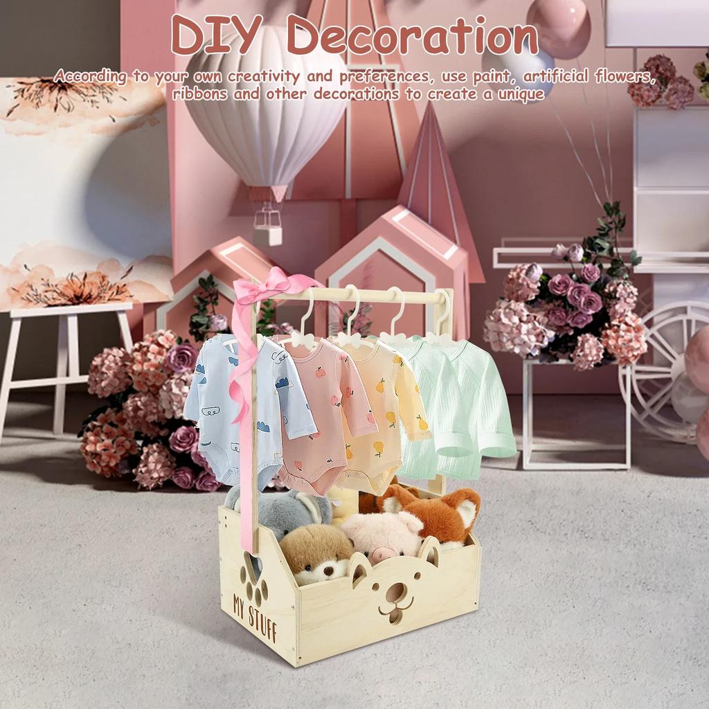 Wood Baby Shower Basket Baby Toys Storage Crate with Hangers and Handle Multipurpose Gift Basket for Boys Girls New Parents