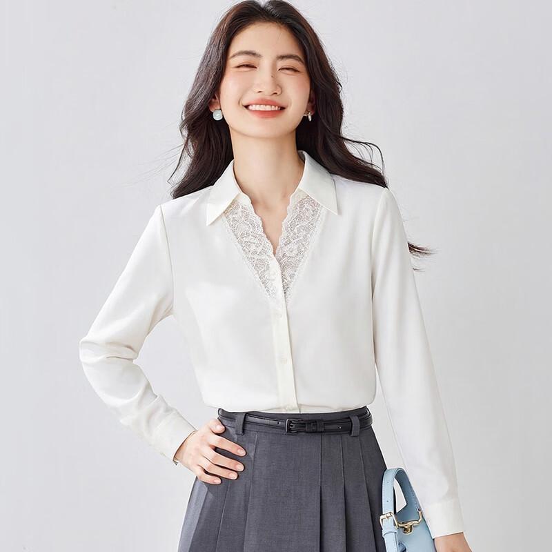 Zuose Lace Trim V-Neck Long-Sleeve Blouse