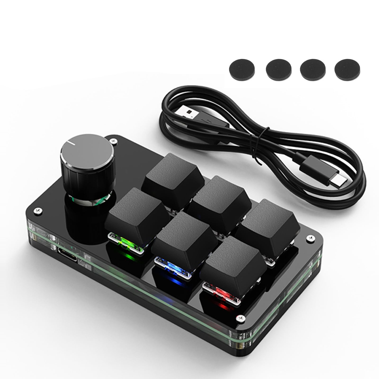 

Міні-цифрова клавіатура 6-дротова USB-цифрова клавіатура з ручкою RGB. Синя програмована клавіатура своїми руками для ноутбука, планшетного комп’ютера. Зелені клавіші на валу, світло, перемикач, чорний