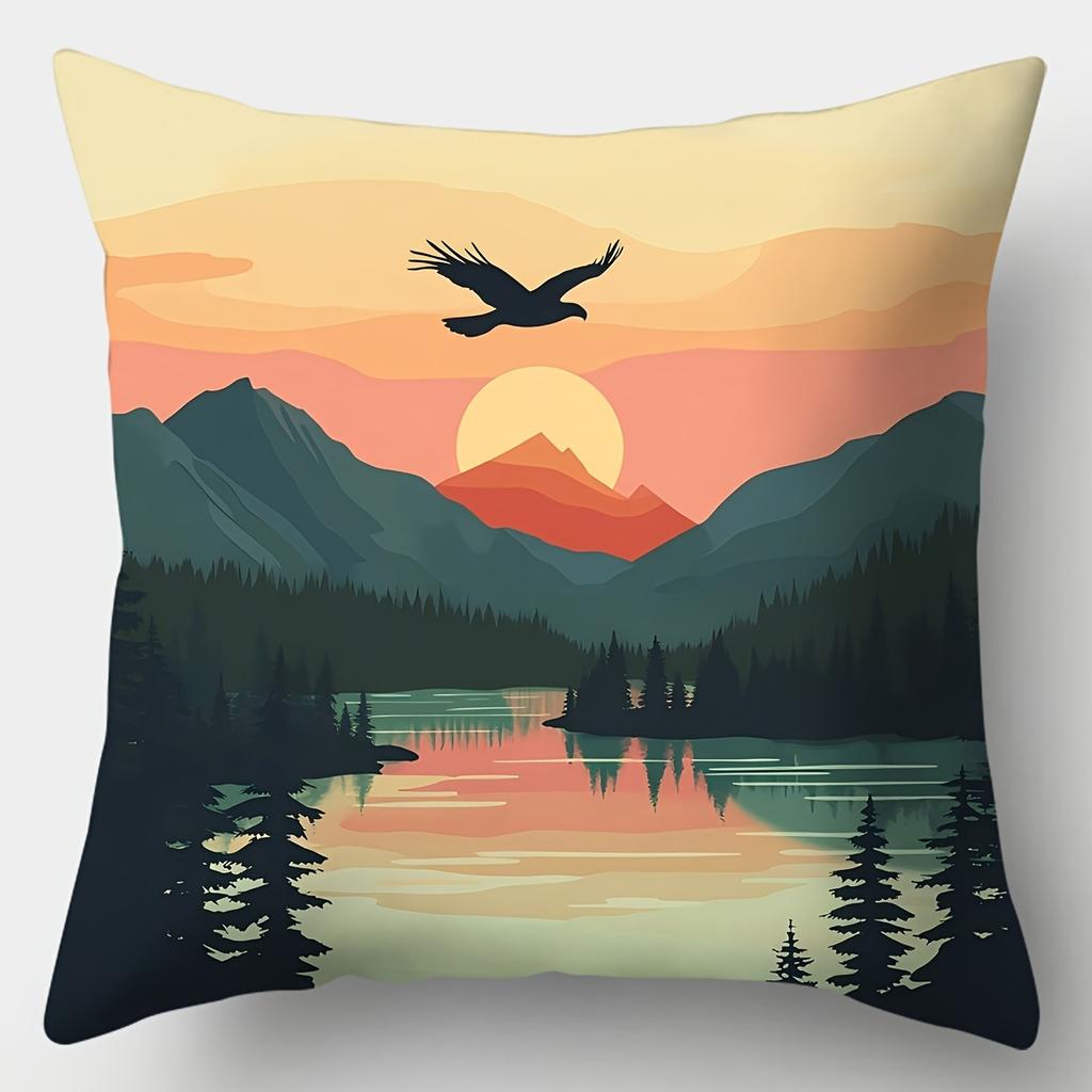 4pcs Set, Sofa Pillowcase, Sunset Pillowcase in the Forest, 17.7 inches * 17.7 inches, Single-sided Printing, Home Decoration, S