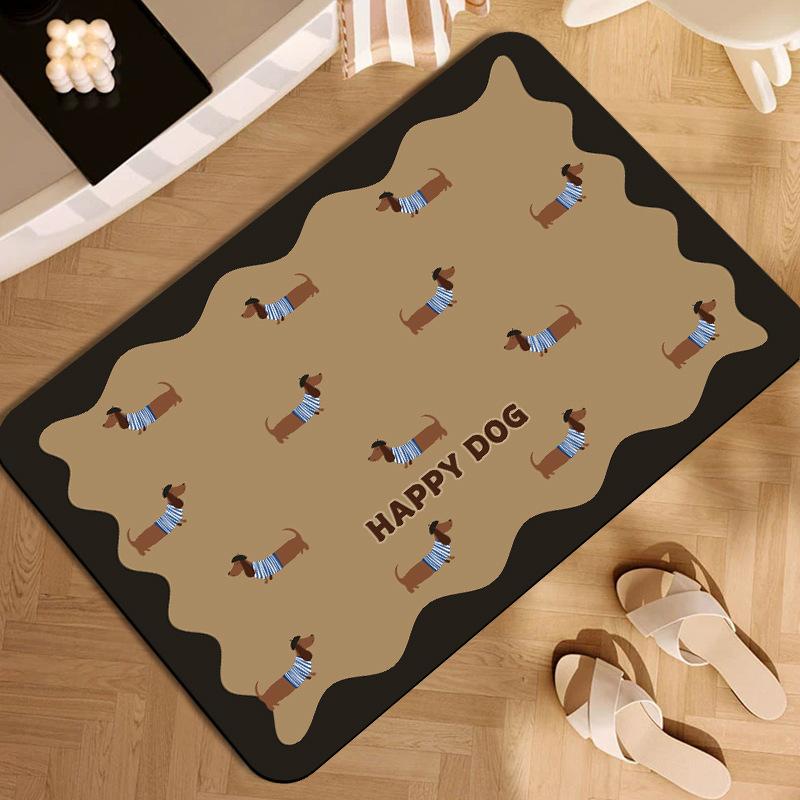 

Cartoon Dachshund Carpet Mat Rug - Striped Clothing & Happy Text Design Non-slip Home Decoration Floor Mat Door Mat Welcome Mat 40X60CM