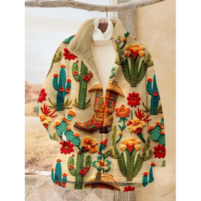 Womens Stand-Up Collar Fleece Sweatshirt With 3D Digital Floral Print Casual Long Sleeve Top Fall 2025