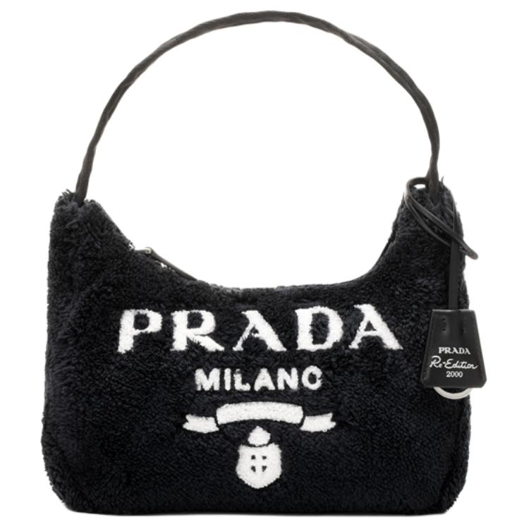 Prada Re-Edition Logo Zip Closure Terry Fabric Underarm Mini Tote Bag Women bags Black 1NE515_2DXO_F0967