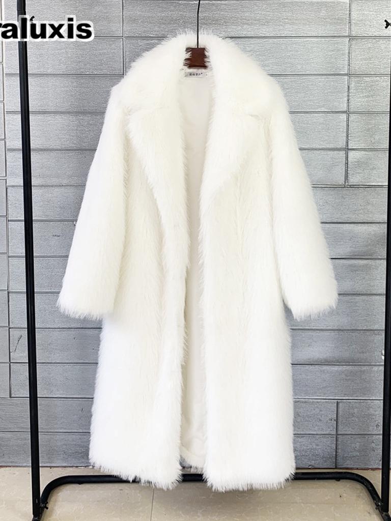 Fall Winter Women's Long Fur Coat with Westem Collar Suit Jacket Faux Fur Overcoat