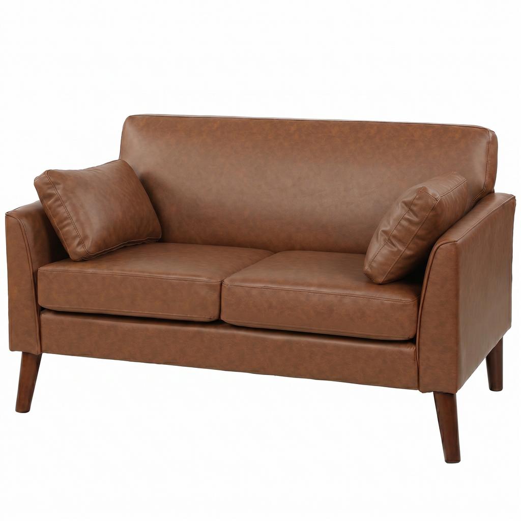 2 Seater Sofa, 132 Cm Modern Small Sofa with Solid Wood Legs and 2 Pillows for Small Space, Brown