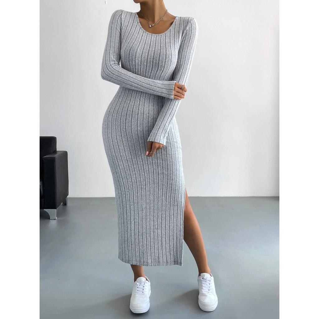Fall Winter Women's Long Sleeve Crew Neck Slit Maxi Knit Dress, In Stock For Crossborder European American Size, Casual Long Dress For Women