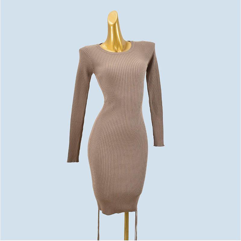 

Export Fashion round Neck Silm Sheath Long Sleeves Soft Glutinous High Elastic Drawstring Knitting Dress Sweater Mid Length Long Length Women Khaki One size