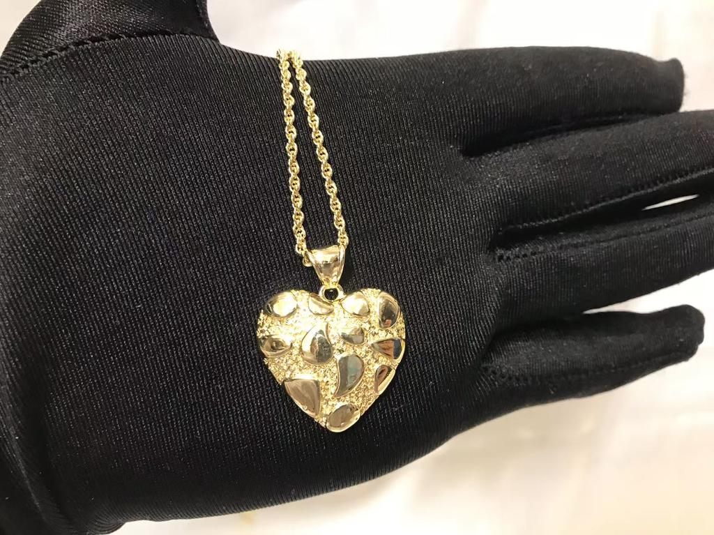 Hip Hop Unique Design Gold Nugget Diamond Cut Heart Shaped Charm Pendant Necklace for Women/Men Jewelry