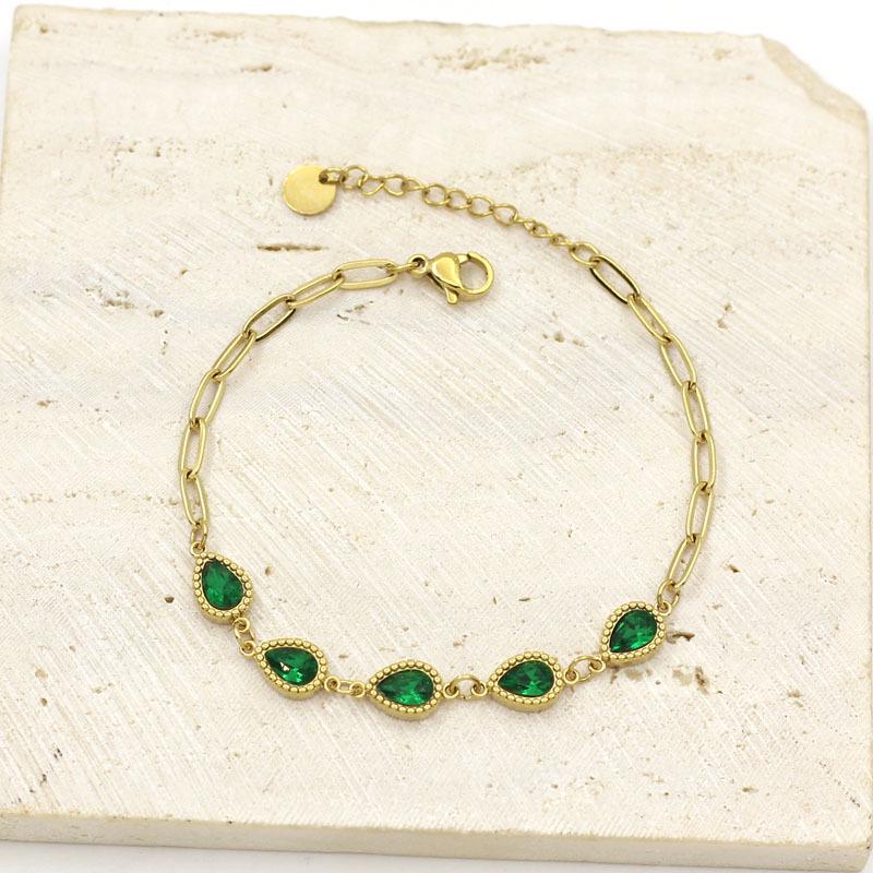 Elegant Gold-Plated Stainless Steel French Bracelet with Green Zirconia