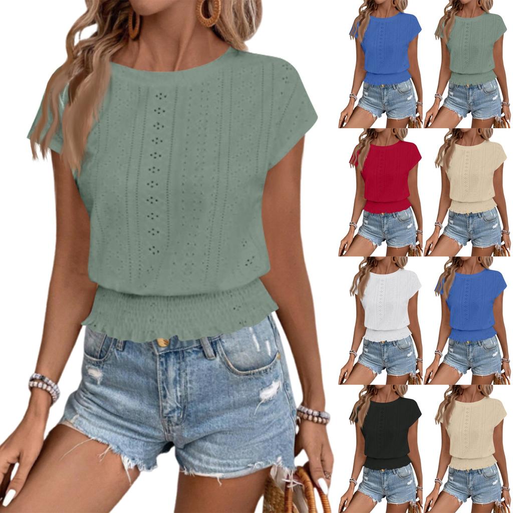 Ladies' Fashionable Round-neck Solid-color Short-sleeved Shirt With Cutout For Summer