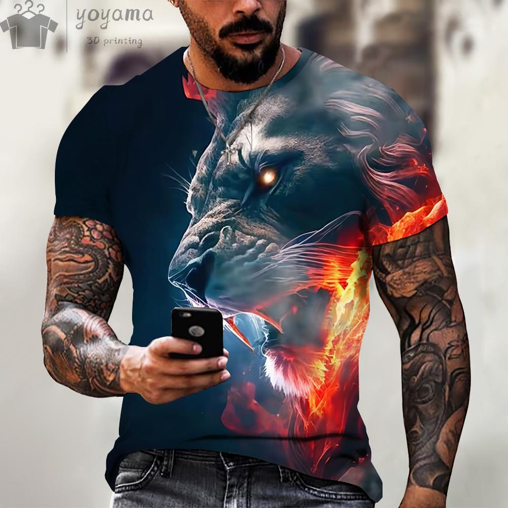 Men's Summer Lion Print Short Sleeve Lion Graphic Tees Men's Summer Clothes Oversized T Shirt Men Short Sleeved T-shirt for Men