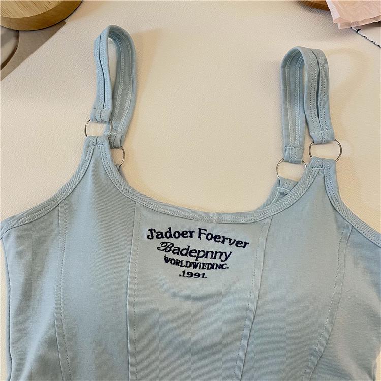 Spicy Girl American Letter Print Spaghetti Strap Racerback Tank Top with Chest Pads for Women