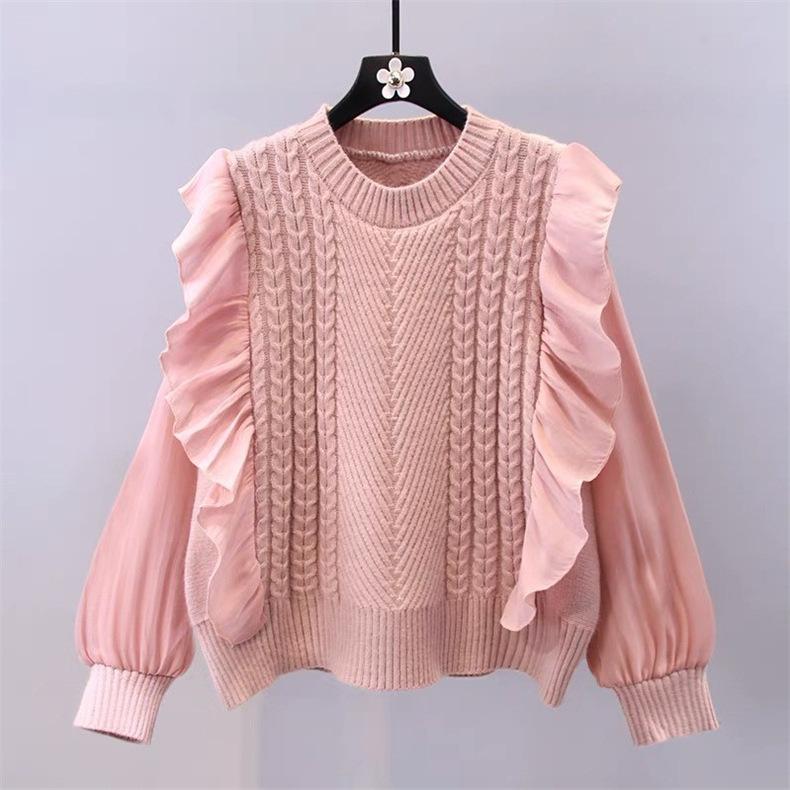Bubble sleeves ruffle edge splicing design sense sweater spring and autumn loose top knitted sweater femininity gentle wind