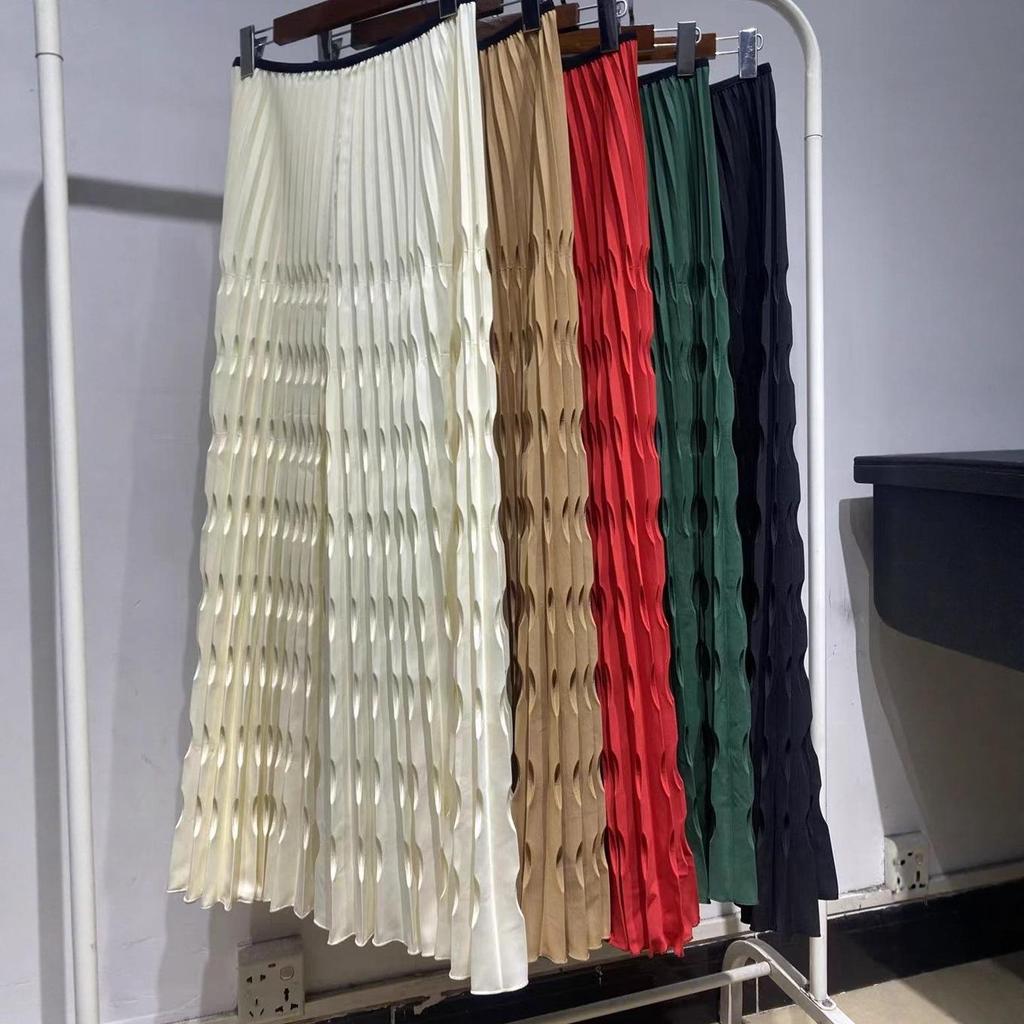 Miyake Women's Long Pleated Wide-Leg Skirt-Pants with Elastic Waist