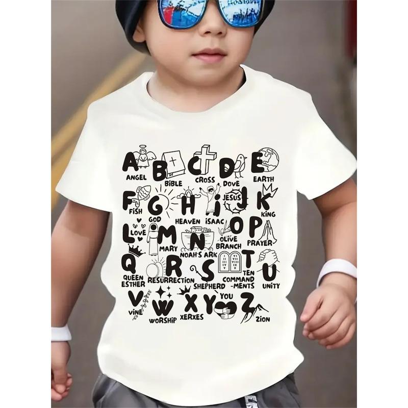 European Sizes Summer Boys' Fashion Short Sleeve Simple Line Art Alphabet Print Casual Outdoor Top