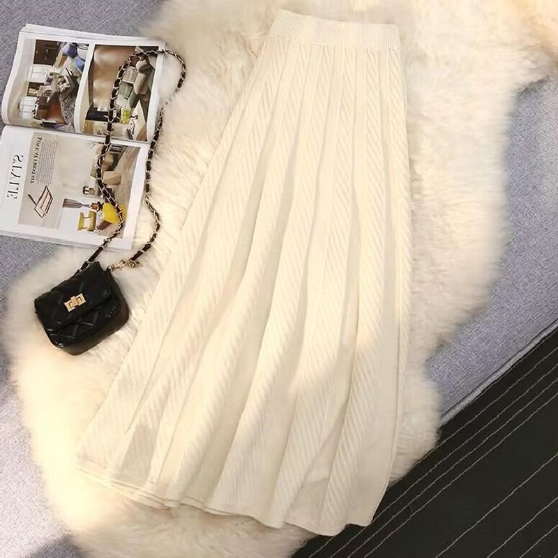 Knitted Skirt for Women In Spring and Autumn Mid Length High Waisted A-line Skirt Pleated Skirt