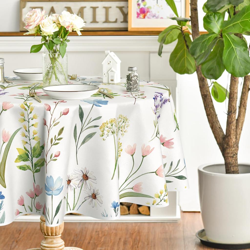 Horaldaily Spring Tablecloth 70×70 Inch Round, Wildflowers Floral Herbs Elegant Washable Table Cover for Party Picnic Dinner Decor