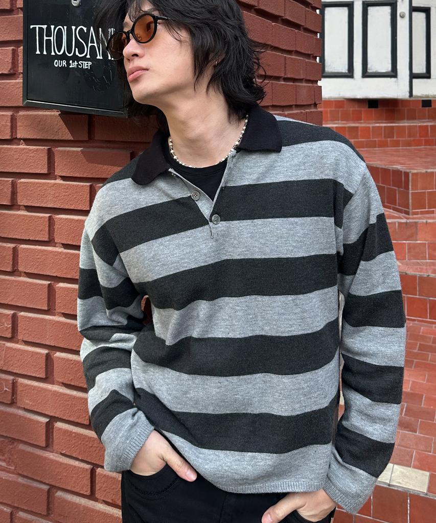 KNITTED (Unisex) Striped Rugby Collar Knit Black