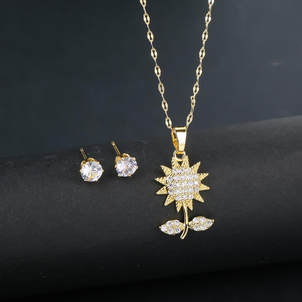 2pcs Sparkling Crystals Botanical Sunflower Necklace Earrings Zircon Set for Woman New Fashion Casual Party Zircon GirlGift