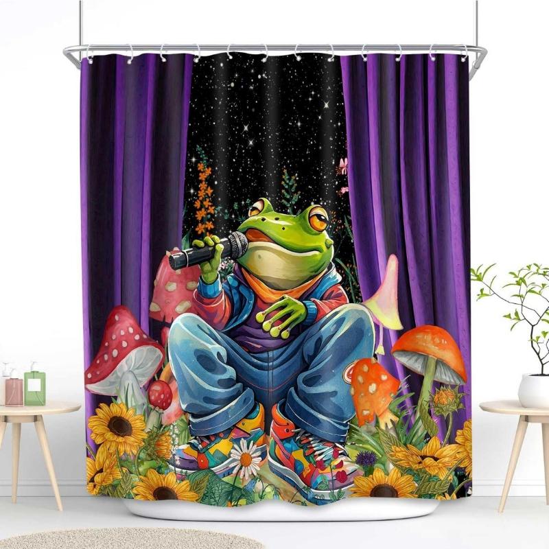 

Funny Frog Shower Curtain Fantacy Mushroom Sunflowers Starry Sky Wildflower Botanical Black Fabric Shower Curtains Set Bathroom W60H190(CM)-1 Pcs