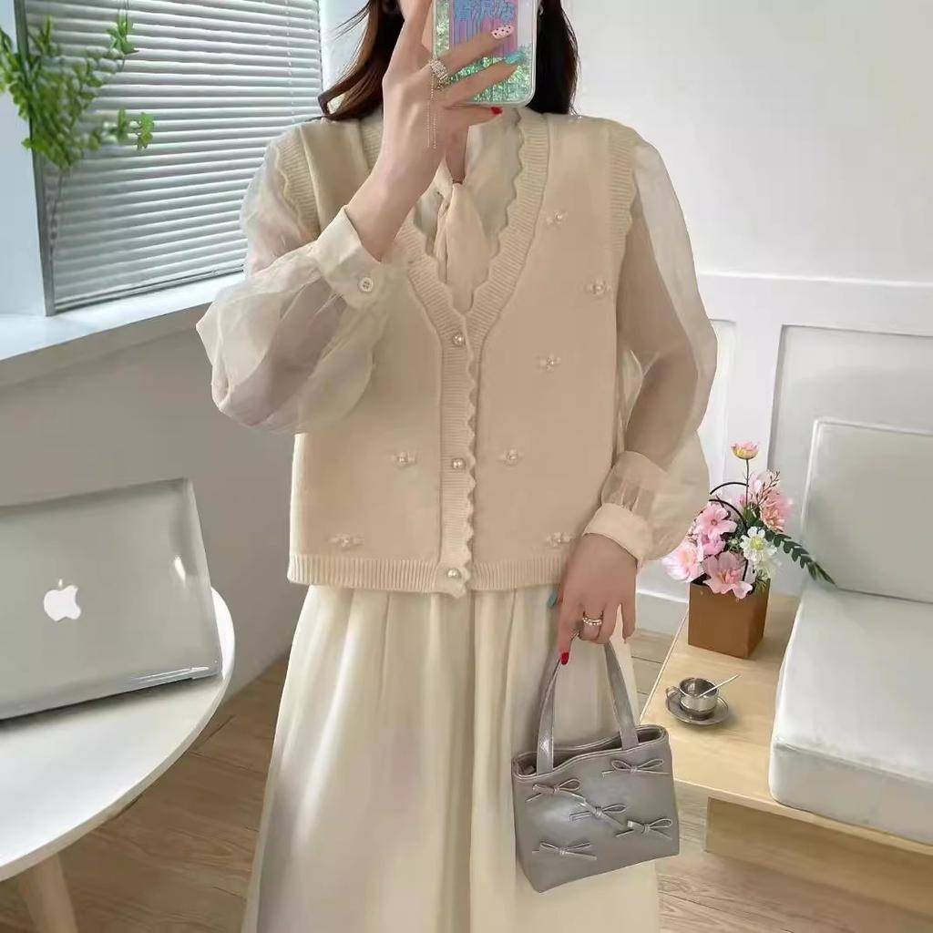 Autumn Sweater Vest Women Beaded Preppy Style Thin Sleeveless Knit Cardigan Waistcoat