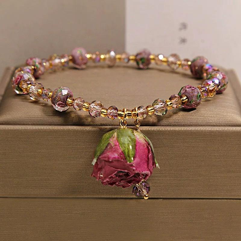 Exquisite Pink Rose Garden Crystal Bracelet & Rose Pendant Anklet for Women