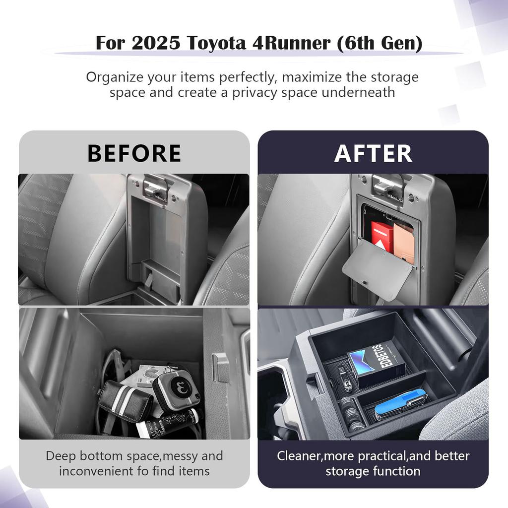Pro 2025 Toyota 4Runner Loketní opěrka Skrytý box přihrádka Organizér středové konzoly Auto Skrytý úložný box Interiérové úložné doplňky do auta