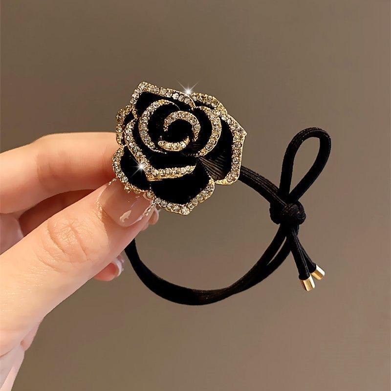 1Pcs Women'S Fashionable Tail Hair Bands Black High Elastic Tea Flower Hair Ties Versatile Stylish Hair Rings Premium Sensation